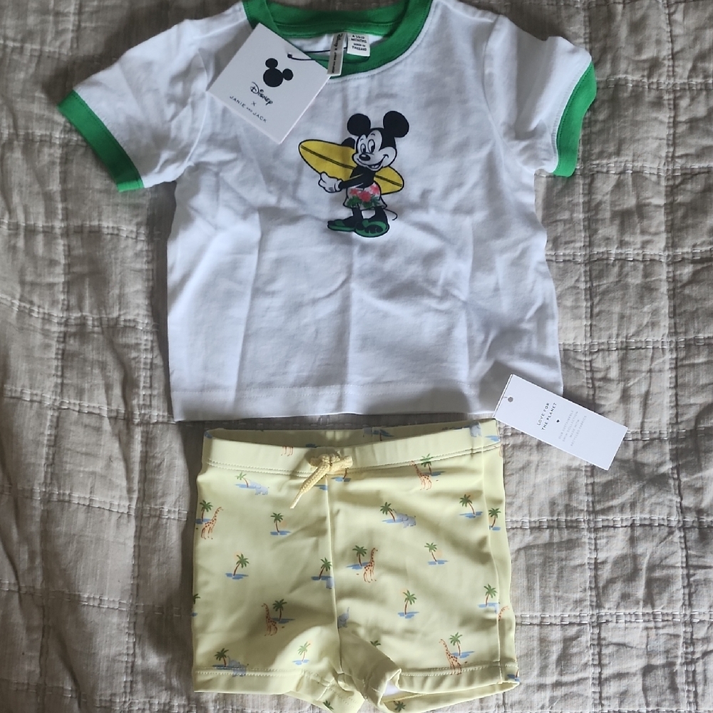 Janie and Jack White and Green Mickey Mouse Set